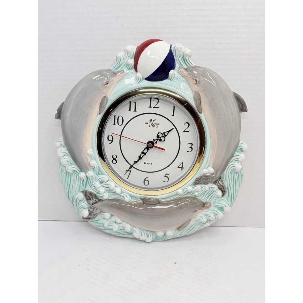 Vintage Dolphin Wall Clock Coastal Beach Nautical Resin Quartz 14.5x13.5